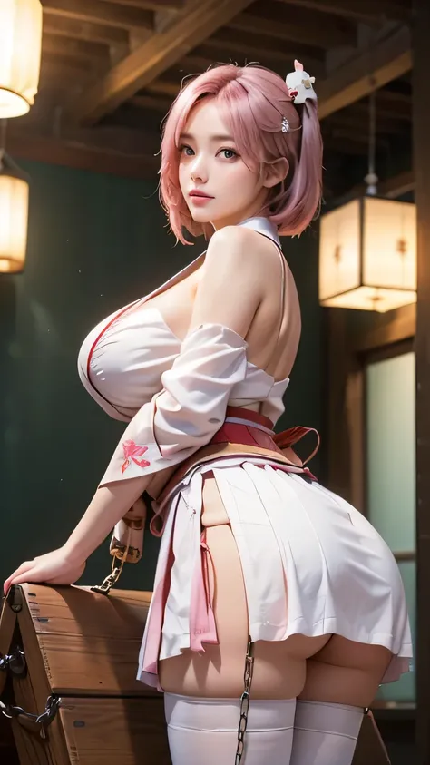 (((  top quality ))), ((  masterpieces at the front door of the house )), (    Details), ((alone)), (((((( honoka_a, pink hair, one side up, hair ornament, pink eyes, large breasts, cleavage,miko, white kimono, detached sleeves, hakama skirt, white thighhi...