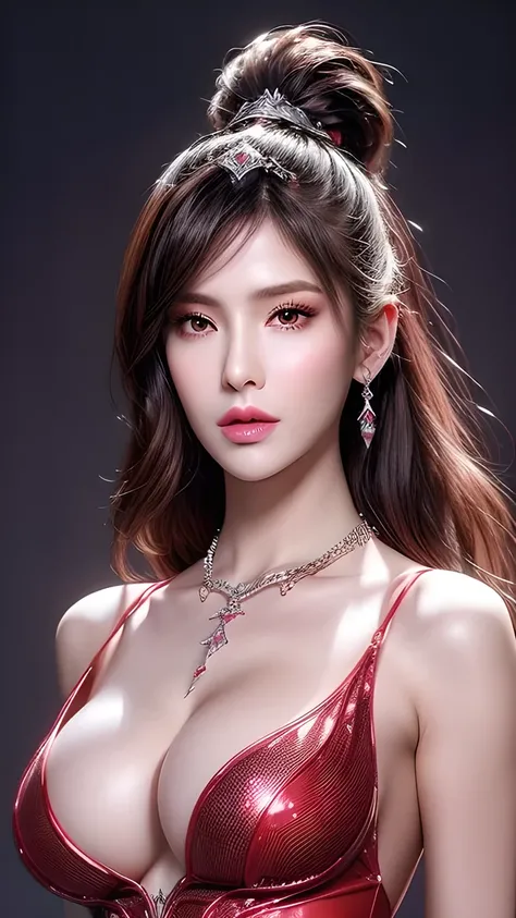 Beautiful  sexy  cool edgy tall, , Healthy women,  Intricate and detailed, 丰满结实的胸部, deep cleavage , ,  body chain , Diamond Jewelry ,  Glittering , Shiny, Wallop, Round Premium , Wearing a red dress， sexy  ,  amazing breasts 