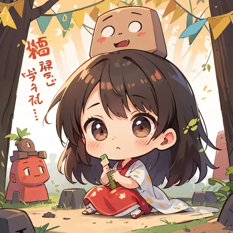   celebrating New Years、
 There is only one Moai statue 、
  cute Moai statue character with a cute anime-style touch  、
Chibi

