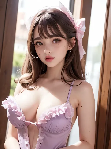 Beautiful girl; (Brown hair, with a nice bow); (honey colored eyes, pretty eyes, big eyelashes and thin cute eyebrows, full lips, Cupid and Heart shaped lips, pink and pretty lips); (pale white skin with pink tones; freckles and moles all over the body); (...