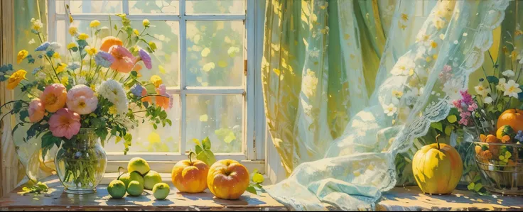 oil painting still life, vintage illustration of a window at the sunny day, iridescent light, soft light, lacy curtains, flowers, fruits, dynamic light