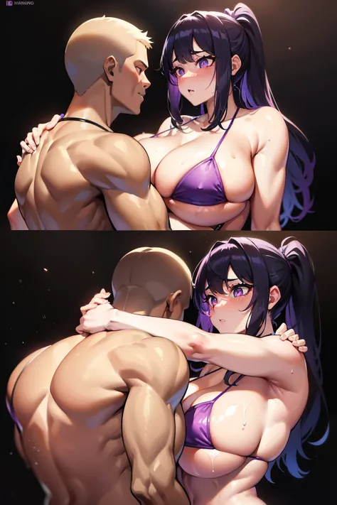 (masterpiece), best quality, purple, purple bikini, purple mini bikini, purple bikini, uncomfortable blushing, blush , embarrassment, embarrassed, , mini bikini, expressive eyes, hot, sweating, mape staning besides woman, man standing behind wiman, sweaty,...