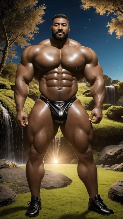 Men from Xinjiang，35 years old，Tall and handsome，Short hair, O-Shaped Beard， perfect body , African skin color， dark skin in the waterfall ， Muscular ， Very Big Chest Muscles， very sexy abs ，腿部 Muscular ，Brightens oily skin， wears black shiny leather thong...