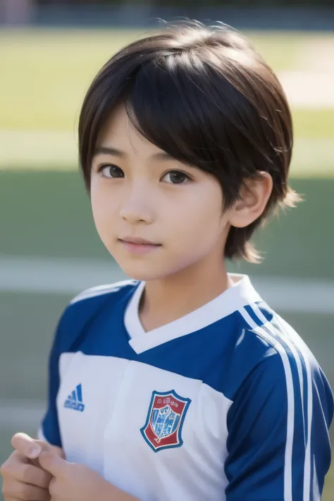  top quality ,  face focus,  soft light, Super high resolution, ( Photo Realistic :1.4),  RAW photos ,  1 Japanese boy,  Kindergarten Mother、、 soccer boy with genitals、 anime style、solo,  cute, (smiles and smiles:0.5), ( brown eyes,  light in the eyes ),  ...