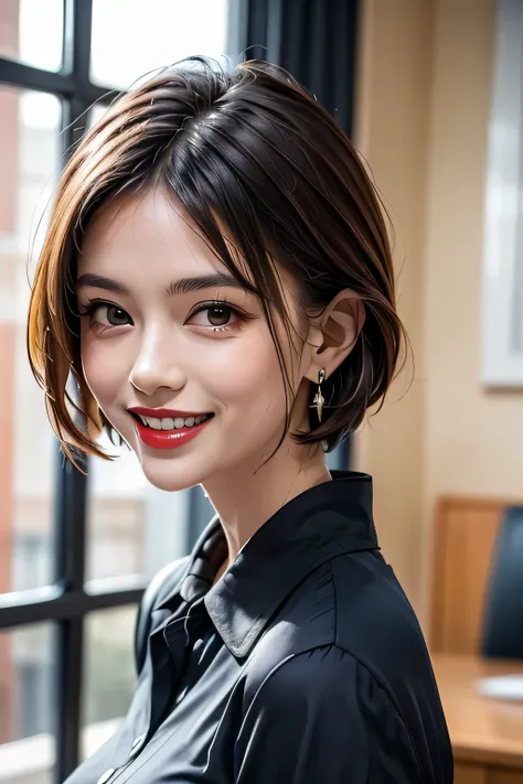 ((masterpiece, 最 High Quality , High Quality :1.4, 16k)), (1girl), office, ( Portrait :1.1),
grin, lipstick, Compensate, ultra detail hair, super detailed face, perfect eyes, perfect face, ( beautiful alignment of teeth), pixie cut, earrings for wom...