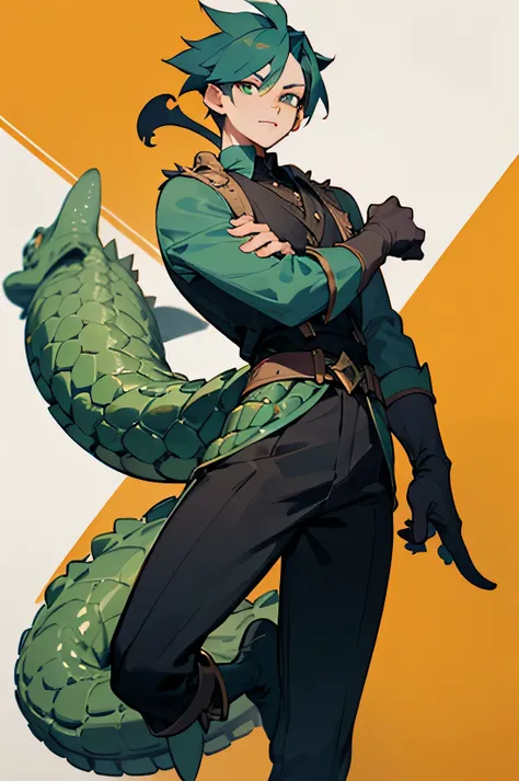 ((Best quality))
1 boy, green dinosaur tail with black plates, stylized outfit, half-dinosaur human, reptile eyes 