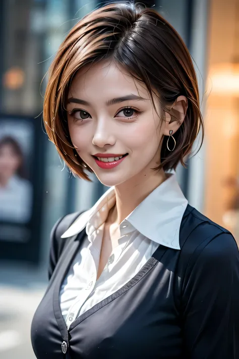 ((masterpiece, 最 High Quality ,  High Quality :1.4, 16k)), (1girl),  office, ( Portrait :1.1), 
grin, lipstick, Compensate, ultra detail hair,  super detailed face,  perfect eyes, perfect face, ( beautiful alignment of teeth),  pixie cut,  earrings for wom...