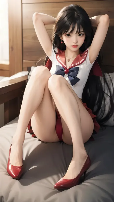 masterpiece, best quality, high resolution, 1 girl, solo, sailor warrior uniform, sailor mars, rei fireno, brunette girl, magical girl, black eyes, red skirt, , pleated skirt, bow, red sailor collar, mini skirt, necklace, red bow, red necklace, extra long ...