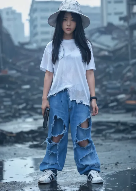 ( Highly detailed and realistic photos 、 realistic skin texture)、8k、 beautiful Japanese women living in America carry a handgun 　 standing straight 、Lost、 Oversized dirty and torn denim 、 dirty oversized white T-shirts 　 wet in the rain and stuck to the sk...