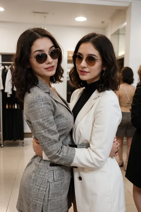 Create 25-year-old cute white girl with short black hair wearing white and black coat suit with sunglasses with makeup and bangles and her black girl best friend with curly hair with employees surrounded happily