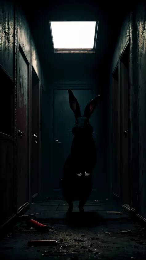 a black rabbit with red eyes in a dark ruined office hall, horror,1 rabbit,red eyes,dark office,ruined environment,abandoned building,cinematic lighting,dramatic shadows,moody atmosphere,horror,dark fantasy,chiaroscuro,highly detailed,hyper realistic,4k,ma...