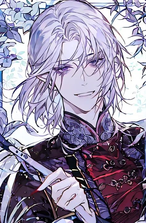 (absurdres, highres, ultra detailed), 1 male, adult, handsome, white color hair,short hair, pointed elf ears, tall muscular guy, throne, broad shoulders, finely detailed purple eyes, fantasy, complex pattern, detailed male face, fantasy aesthetic, best rat...