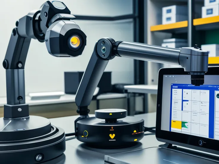 Create an image of A close-up view of an AI-powered robotic arm inspecting a product using sensors and machine vision.