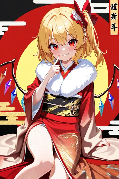 flandre scarlet, cute,smile,New Year, kimono, high res, masterpiece,  won numerous awards, 最 High Quality ,  high detail,  High Quality ,  retina,  very detailed,  Ultra Fine,  Textured Skin, 