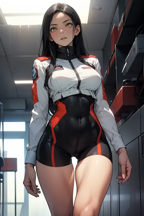 1 girl, black hair, yellow eyes, very long hair, pale skin, fit body, slender body, slim waist, large breasts, (confident expression), pilot suit, thigh gap, bare thighs, show bare legs