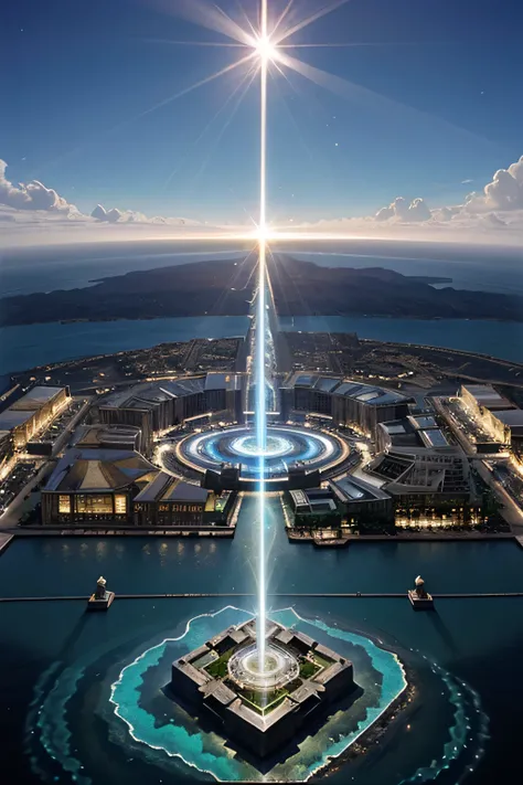 Mystical energy :  Central square of Atlantis with crystal,  that emits light ,  that seems to feed the whole city .