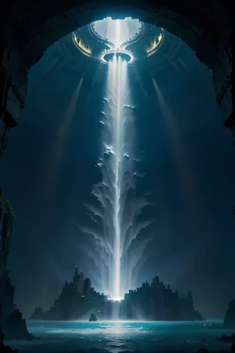  Atlantis in legends : Fantastic scene ,  where Atlantis is surrounded by sea monsters and magical halos,  which enhance the mythical atmosphere .