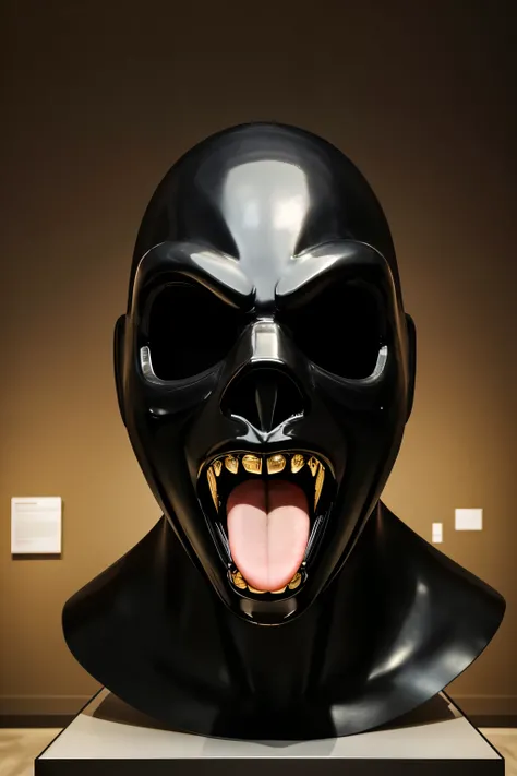 Big shiny black creature mask at museum, big wide sharp teeth, big silky tongue, big slick black head, mouth open, jaw wide