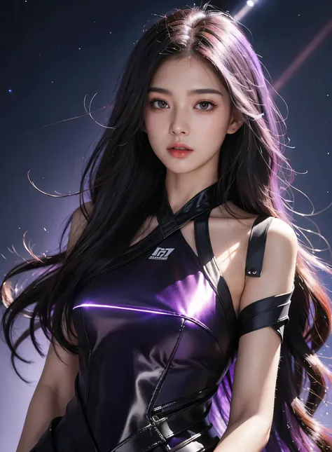 masterpiece, best quality,highres, 1girl, stars in the eyes, purple long hair, Starry sky adorns hair, (((glistening light))), (Luminous), detailed shadow, meteor,fanxing, techwear, bare shoulders, upper body