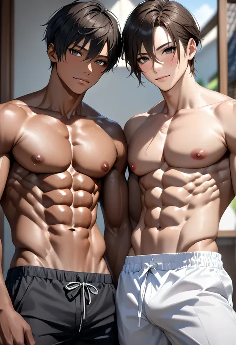 (2 idol dark skin japanese boys),boy nursing boy, (abs:1.5), Black short Hair, detailed Black Eyes, (dark brown skin), topless, detailed nipples, black thong, best quality,  looking at viewer, (smirk:0.6), best quality, 4k, 8k, highres, (masterpiece:1.2), ...