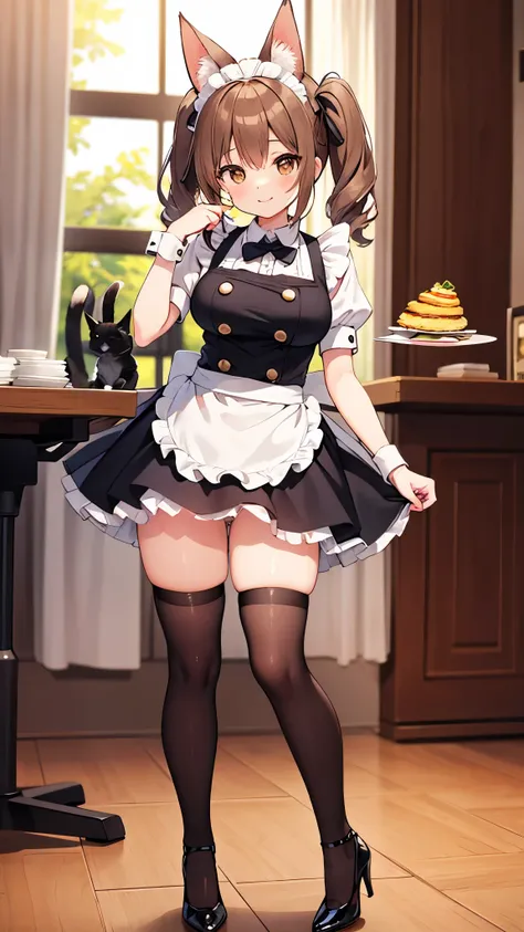   Solo Girl  ,  solo boy   ,,   twin tails ,   light brown hair ,   brown eyes,   Within the rise of the center  ,   Top Quality ,    High Definition   ,   very detailed,   detailed background ,    perfect lighting  、Inside the maid cafe、   standing with d...