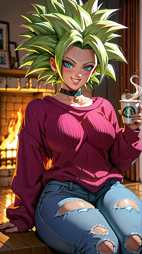 Masterpiece, kefla from dragon ball super (horny face expression), (wearing oversized sweater, ripped jeans, choker, collar), thick thighs, wide hips, alone, no wolves, comics, fantasy, sfw, onis, sitting, holding a cup, house fireplace background
