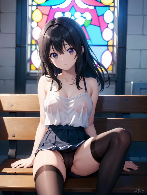 (( top quality )), ( high res), (( very detailed))、(masterpiece)、A beautiful woman who looks like an adult、Im wearing a transparent bra and panties on a naked camisole、(Im wearing black over-the-knee stockings)、(Im lying on a church bench, open my crotch, ...