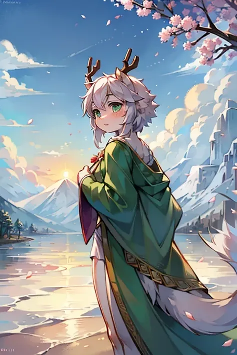 A white deer，Stand on the sand ， Sunset ，Blue sky，dusk，Look back，gentle，cute， long green robe，Clear face，Plum tree，Plum Blossom Petals ，Three colors ， Delicate Garments，wave，Clouds around clouds and clouds，Warm colors，Green pupils， cozy scene ，snow， antler...