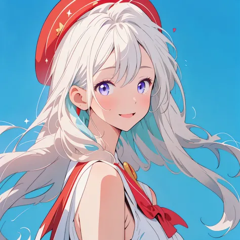 (  Top Quality  , masterpiece,   high res),(   Perfect Anatomy) ,   one girl ,   artistic concept with cute face and gentle smile, Magical Girl , milky white,   straight long hair with blue gradation  ,   Magical Girlのファッション  ,Big red hat,  magic wand,Focu...