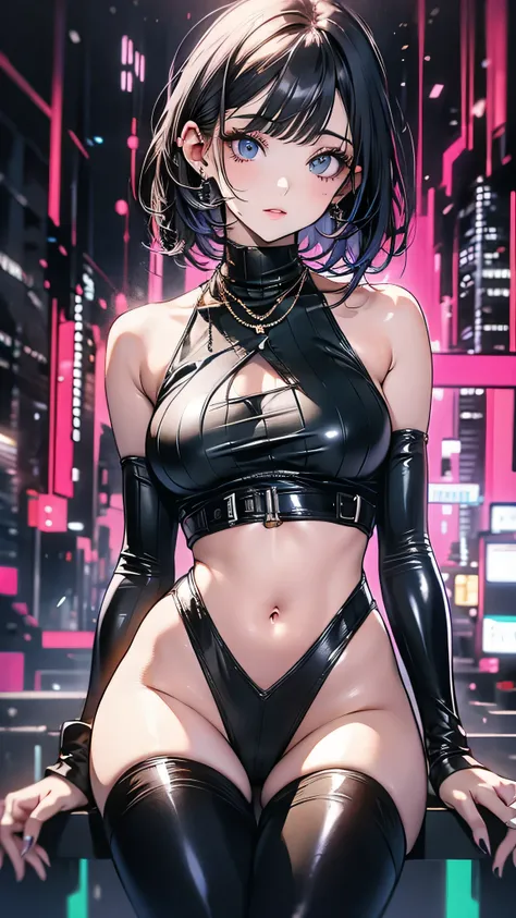  cyberpunk edgerunners,  one girl, Lucy ( cyberpunk), Exposing shoulders,  blue eyes, Chest,  leotards,  show viewer , medium Chest,   off shoulder ジャケット,   off shoulder ,  red eyeliner ,  short hair, sleeveless turtleneck  leotards, Alone, turtleneck  leo...