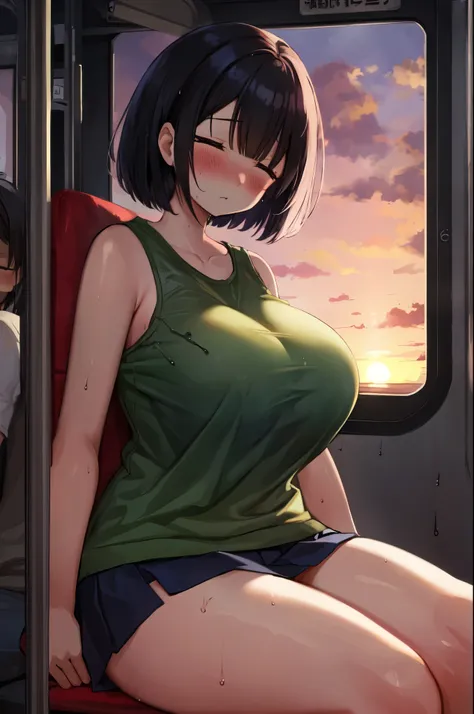  top quality , ( perfect body), top quality ,( 8K portrait ),( Official Art)、woman、 one girl、( thick thighs:1.3)、( is sleeping、blush:1.5)、(( wet、hot、vapor、sweat))、((huge breasts))、Hands behind the back、( black hair、 yellow eyes)、woman警官、Light Blue Shirt、 s...