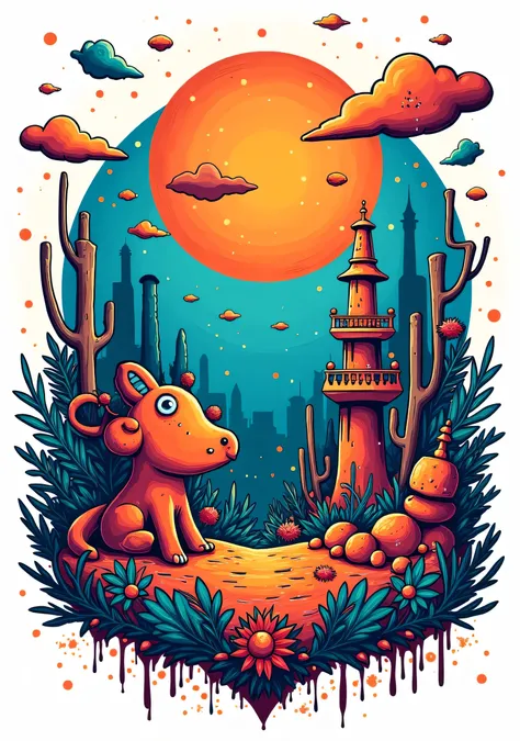 tshirt design vector style, The painting is a horizontal fantasy scene with pop art style colors. white background