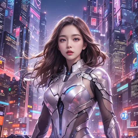  the digital hologram is reflected in the background 。 Her purple eyes shine sharply 、 and the digital hologram is reflected in the background 。Brown hair is swaying in the wind 、 fine grains of light drift between her hair 。 Her costume is designed with h...