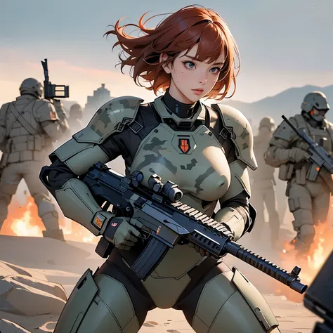 nsfw, sketch, traditional media, perfect anatomy hands, perfect anatomy proportion body,  action,  dynamic composition with a sense of speed and dynamism , (Firing an assault rifle, shooting:1.6), Sexy woman, 40age, perfect beautiful delicate sexy face, pe...