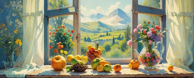 oil painting still life, vintage illustration of a window at the sunny day, iridescent light, soft light, lacy curtains, flowers, fruits, dynamic light