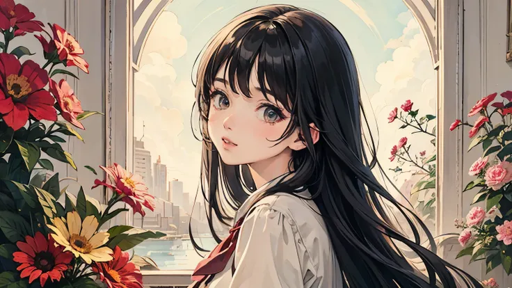 Masterpiece,long hair girl,flower