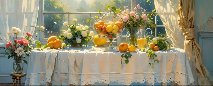 oil painting still life, vintage illustration of a window at the sunny day, iridescent light, soft light, lacy curtains, flowers, fruits, dynamic light