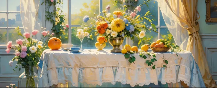 oil painting still life, vintage illustration of a window at the sunny day, iridescent light, soft light, lacy curtains, flowers, fruits, dynamic light