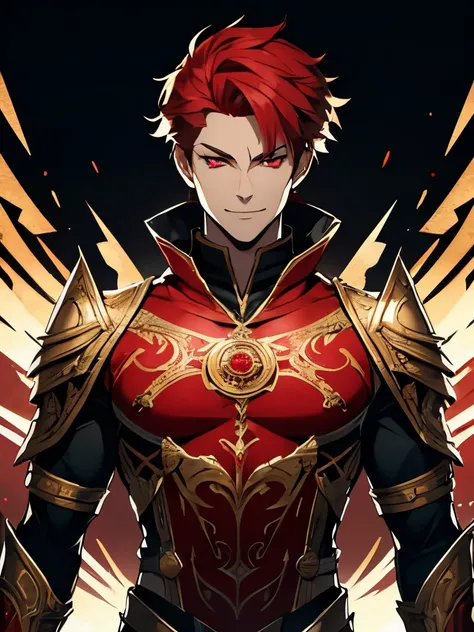 1 white man.  with a full body,  short straight red hair . God. fighting clothes,  red with black and gold details.  tribal tattoos on the body.  bright red eyes .  detailed eyes . haughty . powerful smile 