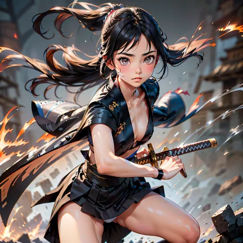 Cute girl, pulled panty, black princess cut hair, brown eyes, japanese samurai coat on shoulder ,  topless, battle field , fire sword magic, equipped Japanese sword on back, put on silver metal bandana , ready to draw sword pose, cool pose, 