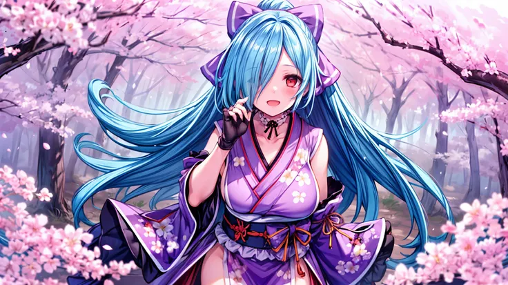 masterpiece, best quality, (1girl, solo),
yamato iori, 1young_teen_girl, virtual youtuber, solo, gloves, bow, hair bow, long hair, hair over one eye, thighhighs, blue hair, fingerless gloves, red eyes, japanese clothes, full body, detached sleeves, ponytai...