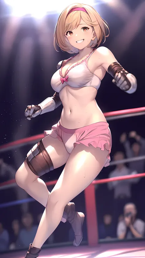 djeeta_(granblue_fantasy), brown eyes, 1girl, solo, Detailed face, Detailed eyes, (sports bra:2, short spats:2, bare thigh, fingerless gloves, nosleeves:1.3, cleavage, visible navel), Perfect body, (evil smile:1.5), Toned body, Ultra HD, Detailed eyes, Det...