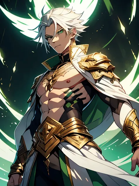 1 white man.  with a full body, long and straight dark green . God. fighting clothes,  white hair with dark green and gold details.  tribal tattoos on the body.  bright green eyes.  detailed eyes . haughty . 