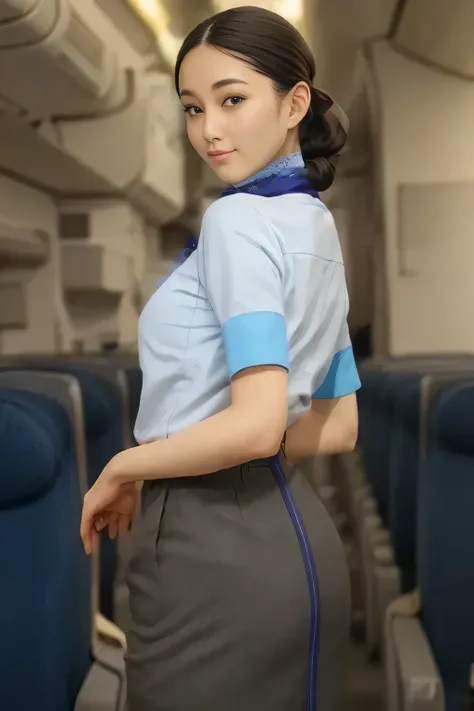 (masterpiece:1.2, Top Quality :1.2), 32kHDR, High Definition 。 Perfect for Aligning Your Legs Loosely , (alone、 1 girl)、( Rooftop of a building in the daytime 、 Professional writing )、 against the roof of a building 、(ANA Flight Attendant Uniform B...