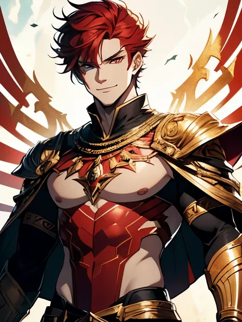 1 white man.  with a full body,  short straight red hair . God. fighting clothes,  red with black and gold details.  tribal tattoos on the body.  bright red eyes .  detailed eyes . haughty . powerful smile 