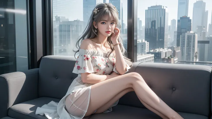 （Girl sitting on sofa in office)、Beauty、 One Girl、alone、Long Hair、Viewer、smile、blue eyes、hair ornaments、、gem、Gray Hair、Shut your mouth、Blunt bangs、Manicure、bracelet、lips、Grey Eyes、Portraiture、Red nails、close、赤いlips、Put your hands on your face、Place your ha...