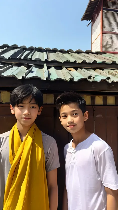  two boys ,  one is 6th ,  1 is 4th , handsome , fair skin, big nose,  are standing in front of the mosque,  is wearing a sarong and peci 