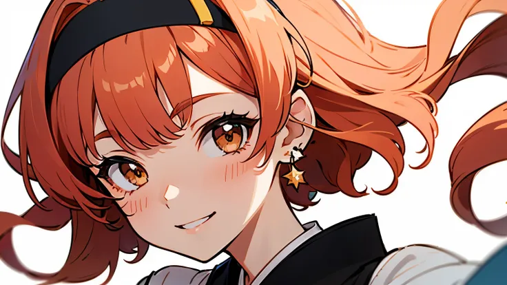 (masterpiece), best quality, extremely detailed, 1girl, solo, shoulder-length fluffy bob haircut, orange pink hair, voluminous ends with outward curls, hair curls at the ends, light and airy ,simple very small black headband, brown eyes,  smiling, light bl...