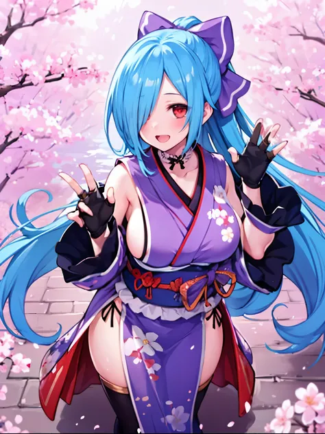 masterpiece, best quality, (1girl, solo),
yamato iori, 1young_teen_girl, virtual youtuber, solo, gloves, bow, hair bow, long hair, hair over one eye, thighhighs, blue hair, fingerless gloves, red eyes, japanese clothes, full body, detached sleeves, ponytai...