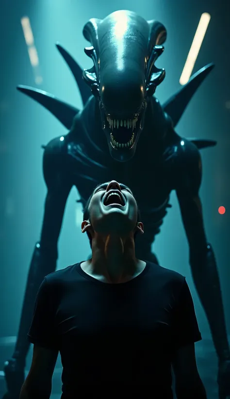 Create a dramatic and intense science fiction scene featuring an alien creature known as a Xenomorph from the ‘Alien’ franchise. The Xenomorph is positioned dominantly behind a human who is in great danger. The alien creature has a long, slender body, an e...